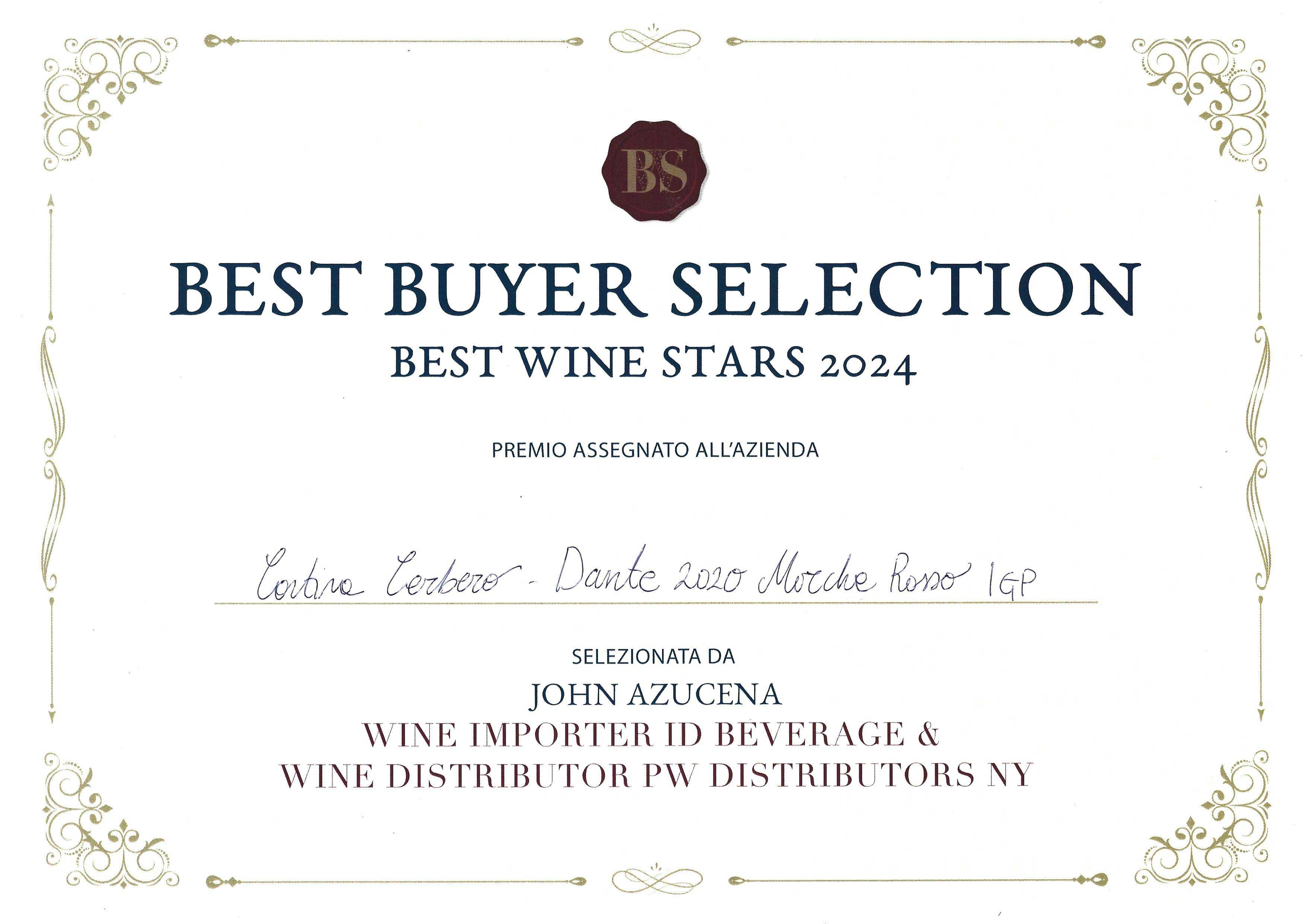 Anteprima diploma Best Wine Stars — Cantina Cerbero 