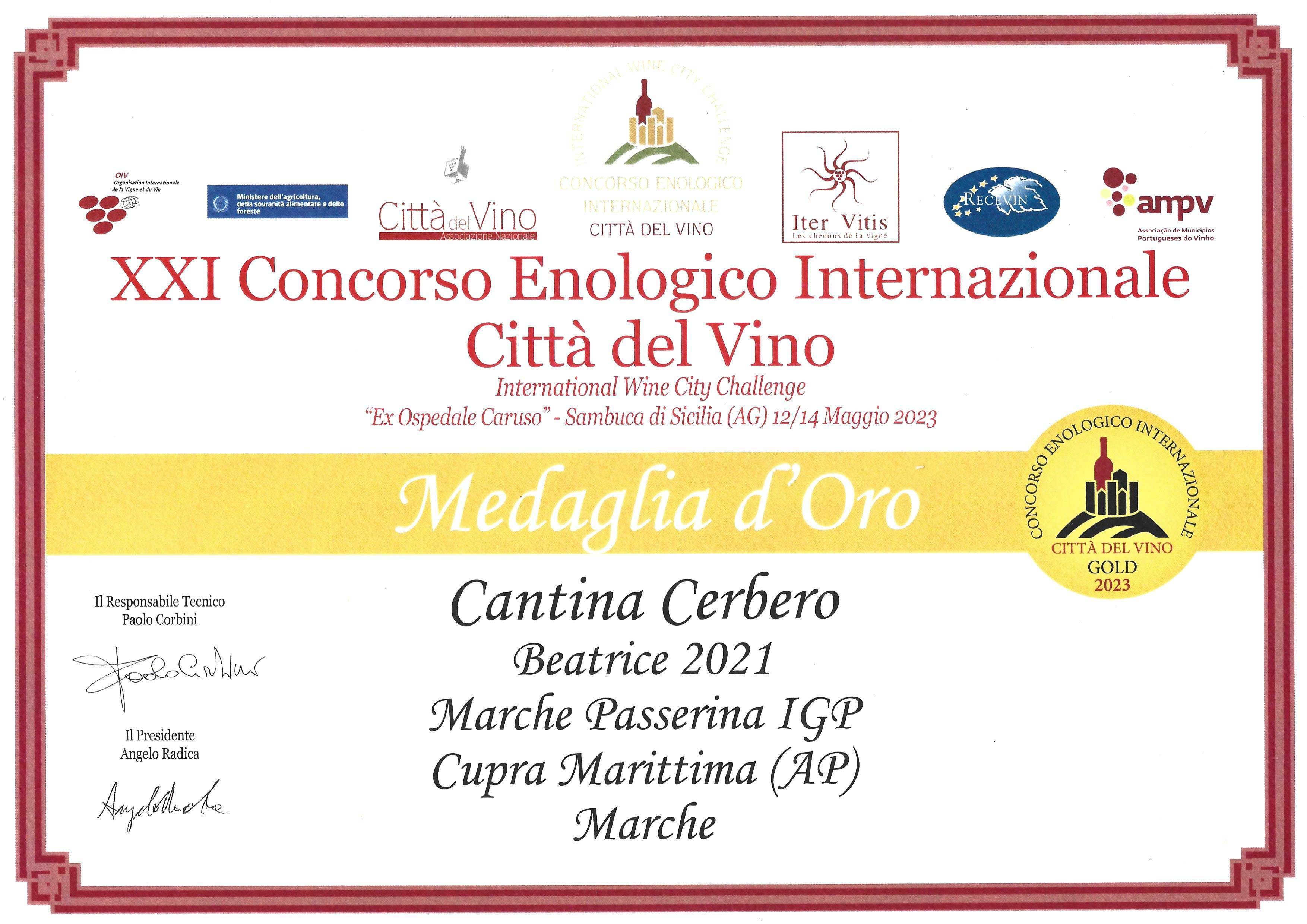 Anteprima diploma Concorsi Enologici Internazionali Città del Vino — Beatrice 2021