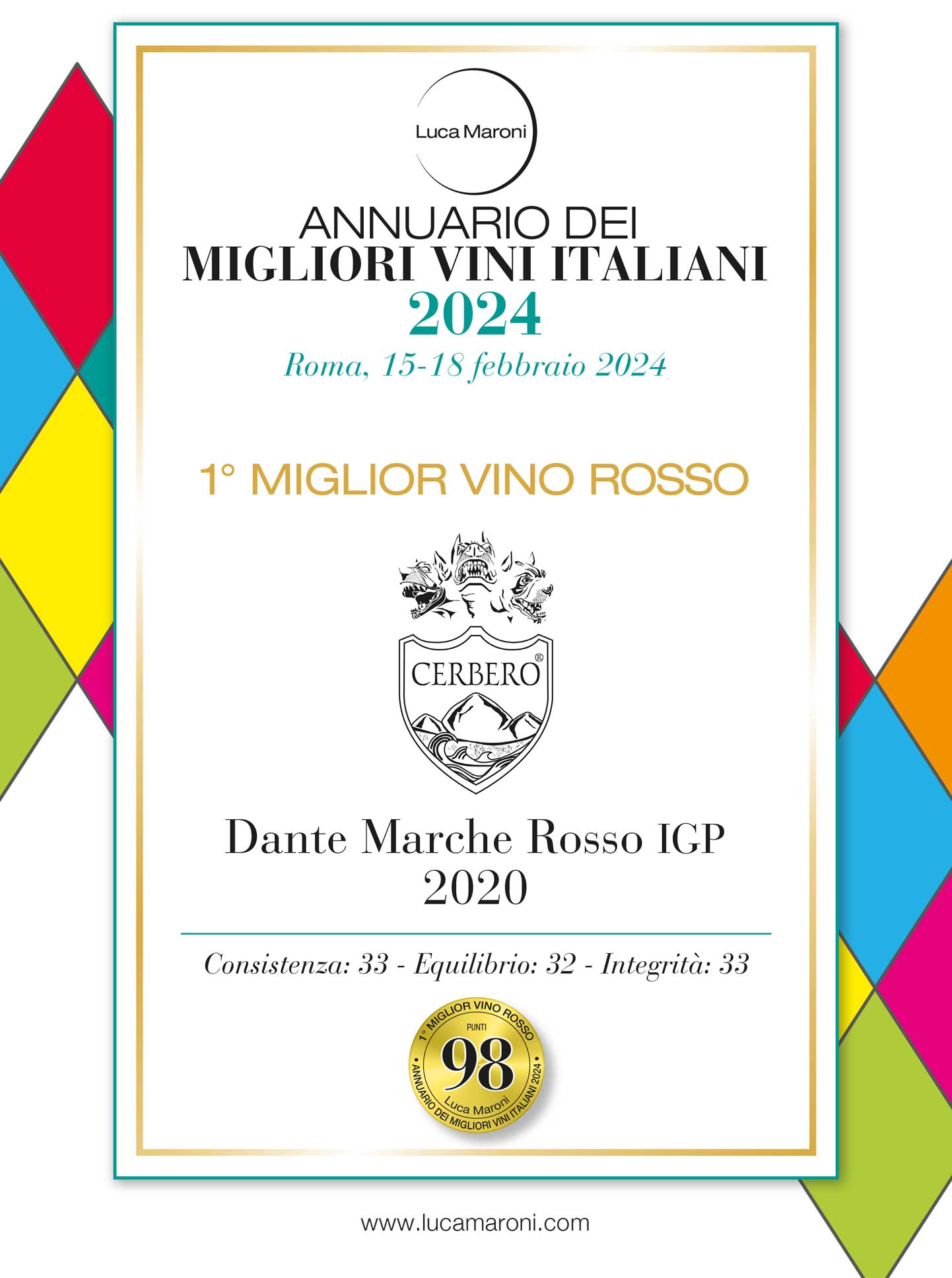 Anteprima diploma Annuario dei Migliori Vini Italiani, Luca Maroni — Dante 2020