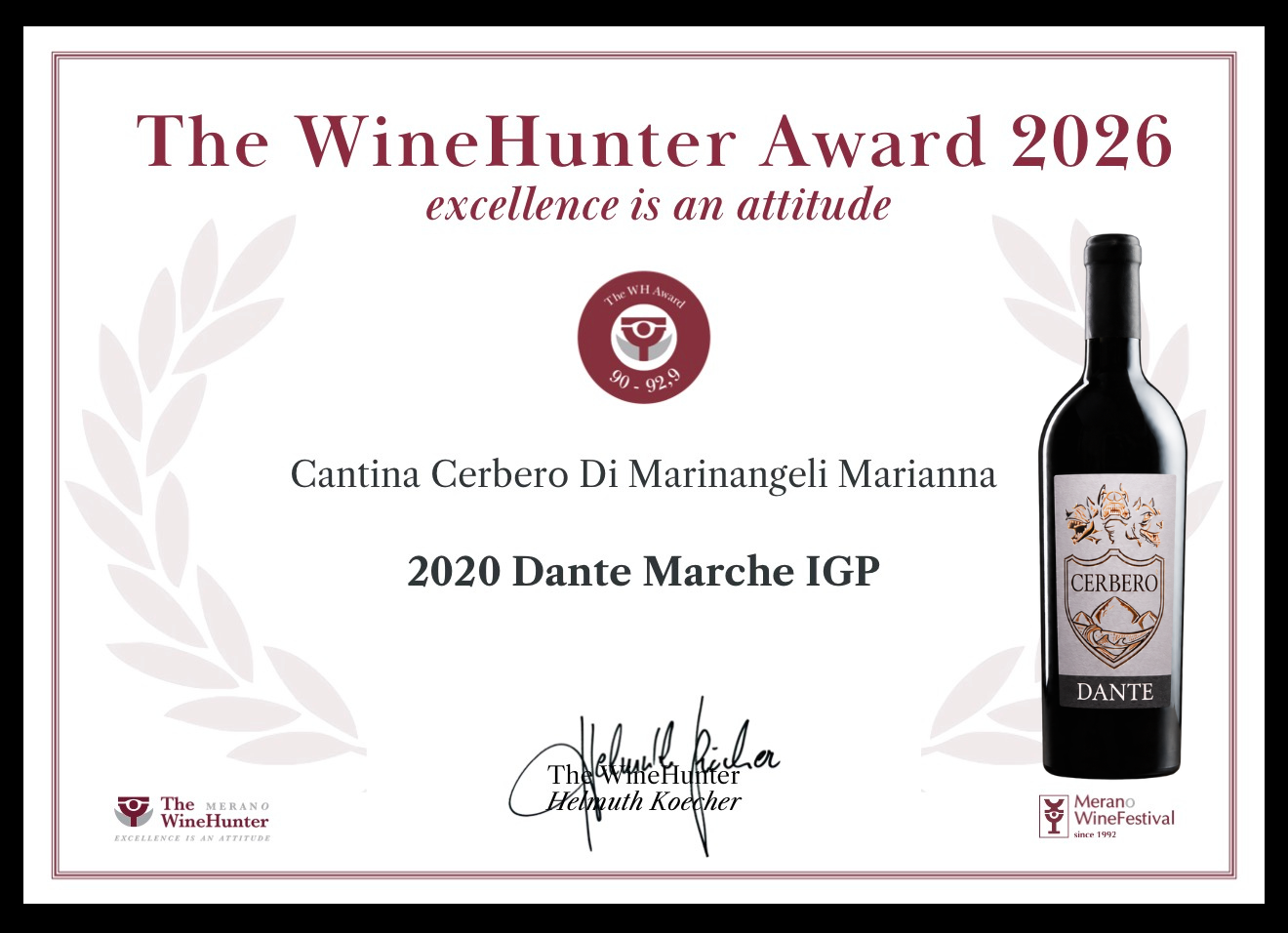 The WineHunter Award 2026 — Dante 2020 Marche IGP, Cantina Cerbero